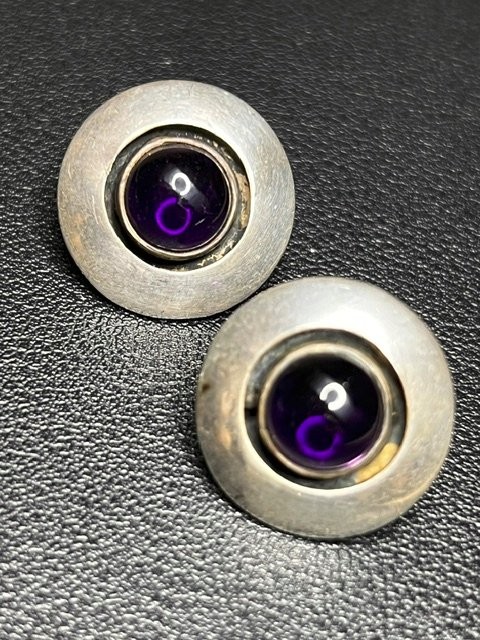 B5041 Sterling Silver Amethyst Cabochon Stud Earrings Round Disc 7.5g 22mm