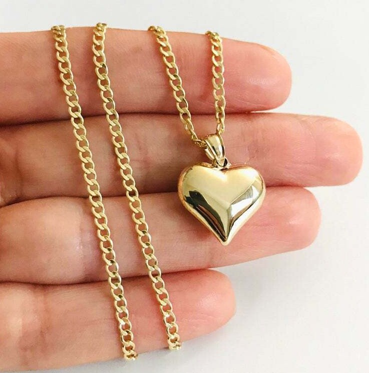10K Gold Puffy Heart Charm Pendant, 10k Real Gold Necklace, 3-D Heart – C2909