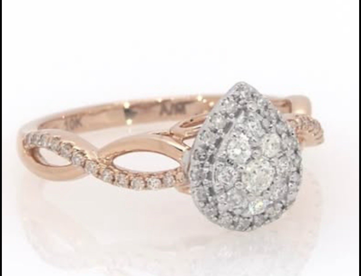 14k Rose Gold Pear-Shaped White/Colorless Diamond Halo Ring Pavé Band Size 7