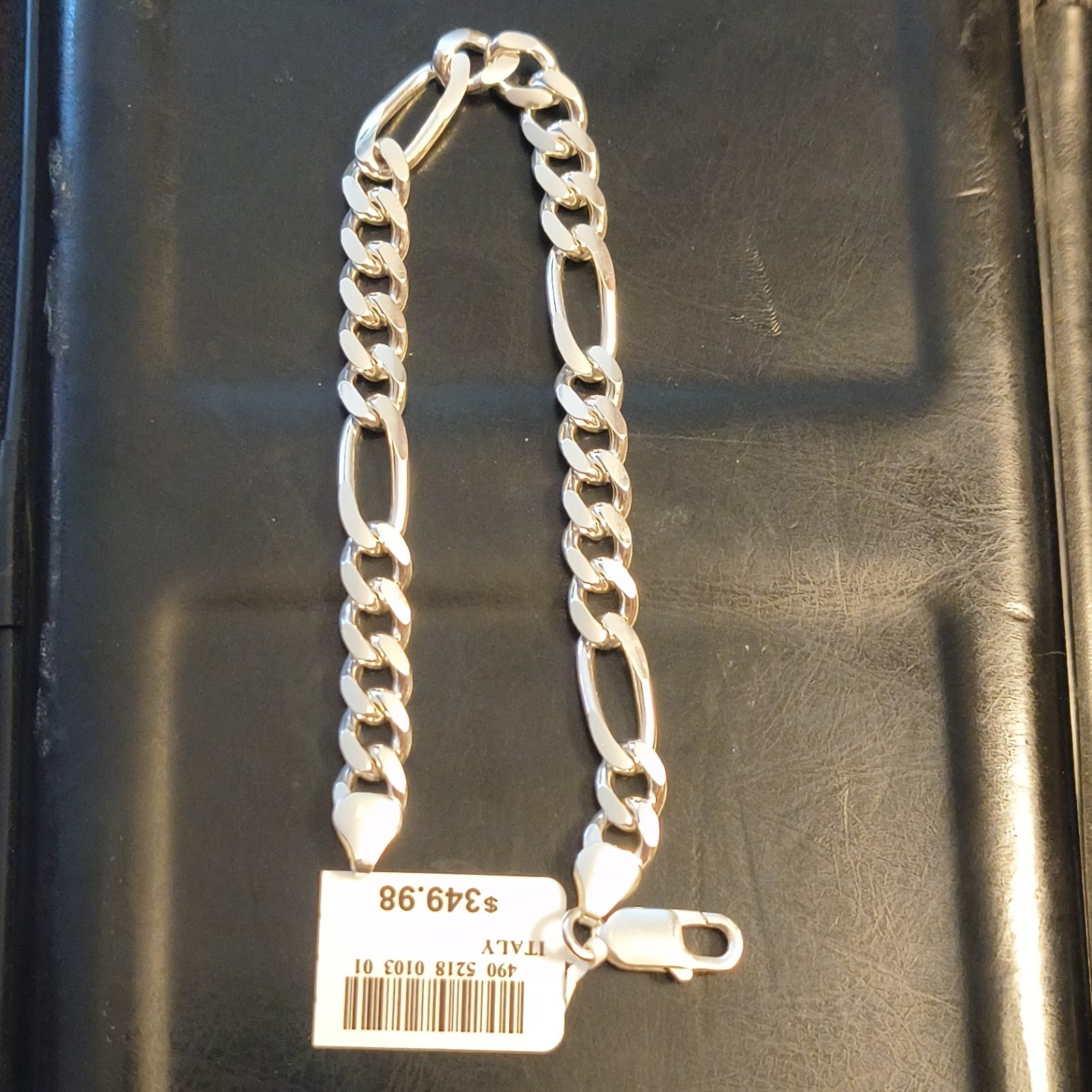 Sterling Silver Figaro Chain Bracelet 8.5in 7.5mm Lobster Clasp Italy