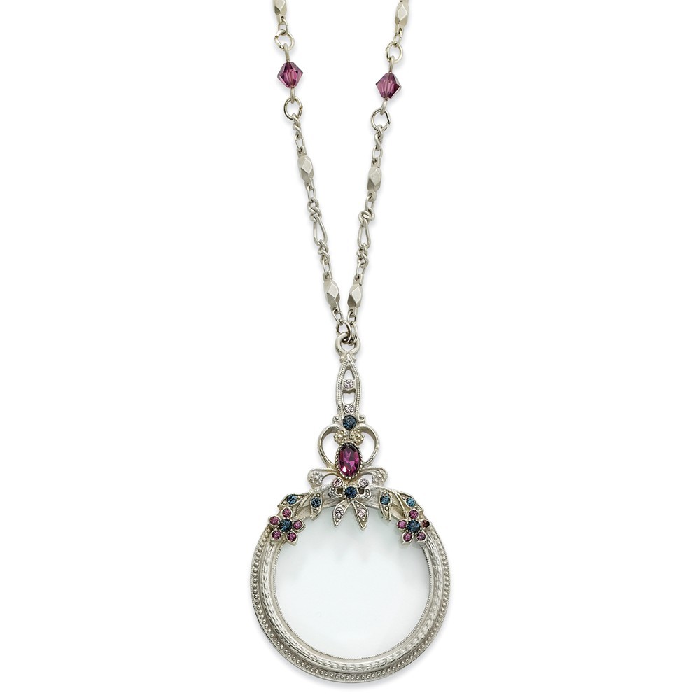 Pewter-tone Blue & Purple Crystal Magnifying Glass 30 Inch Necklace; 30 inch