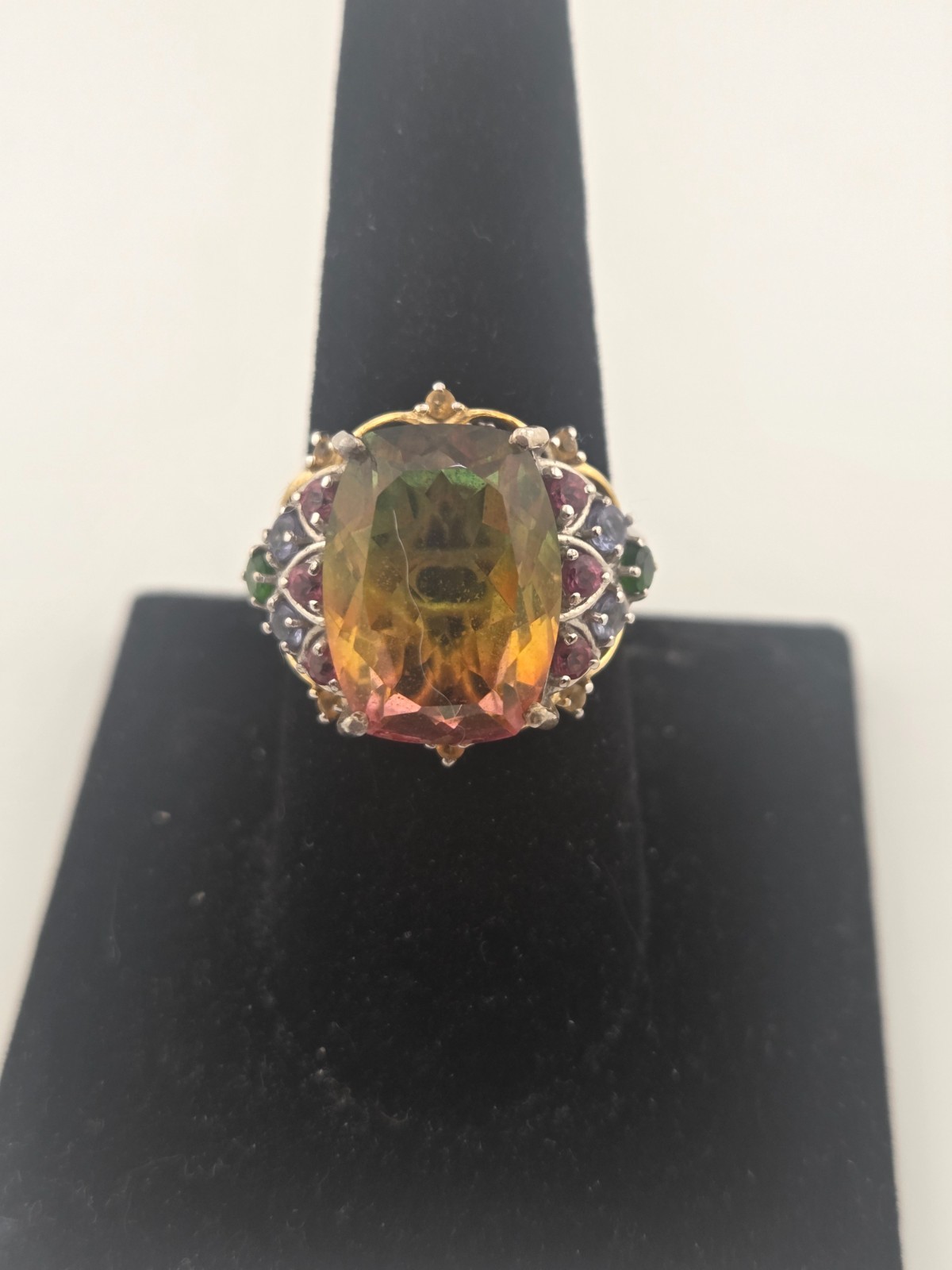 ~12 – 13 ct Cushion Sunset Quartz, Sterling Silver w/3 colors side stones Size 9