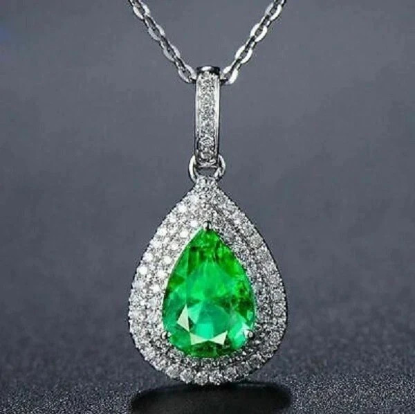 3.34 Ct Pear Cut Emerald Pendant Wedding Pendant 14k White Gold