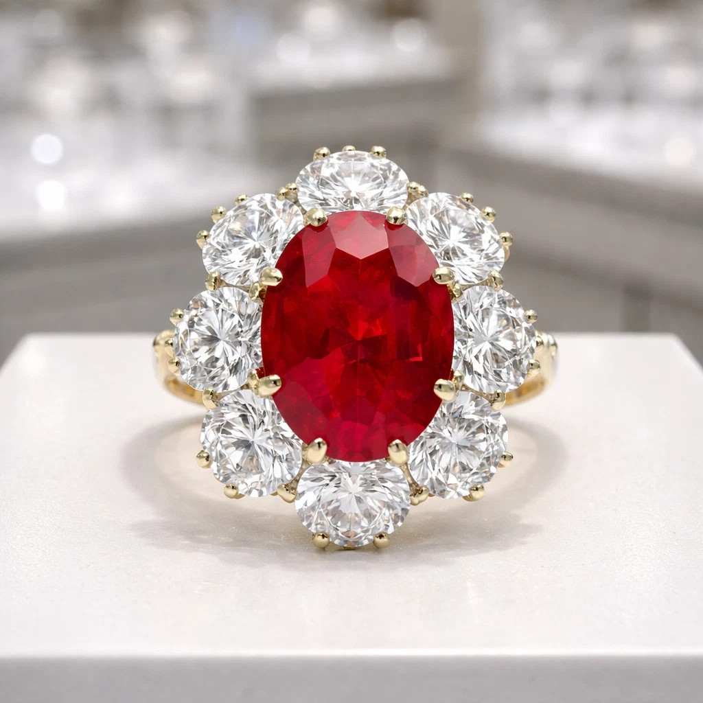 3.50 Ct Oval Cut Natural Ruby & Diamond Wedding Ring 14K Yellow Gold