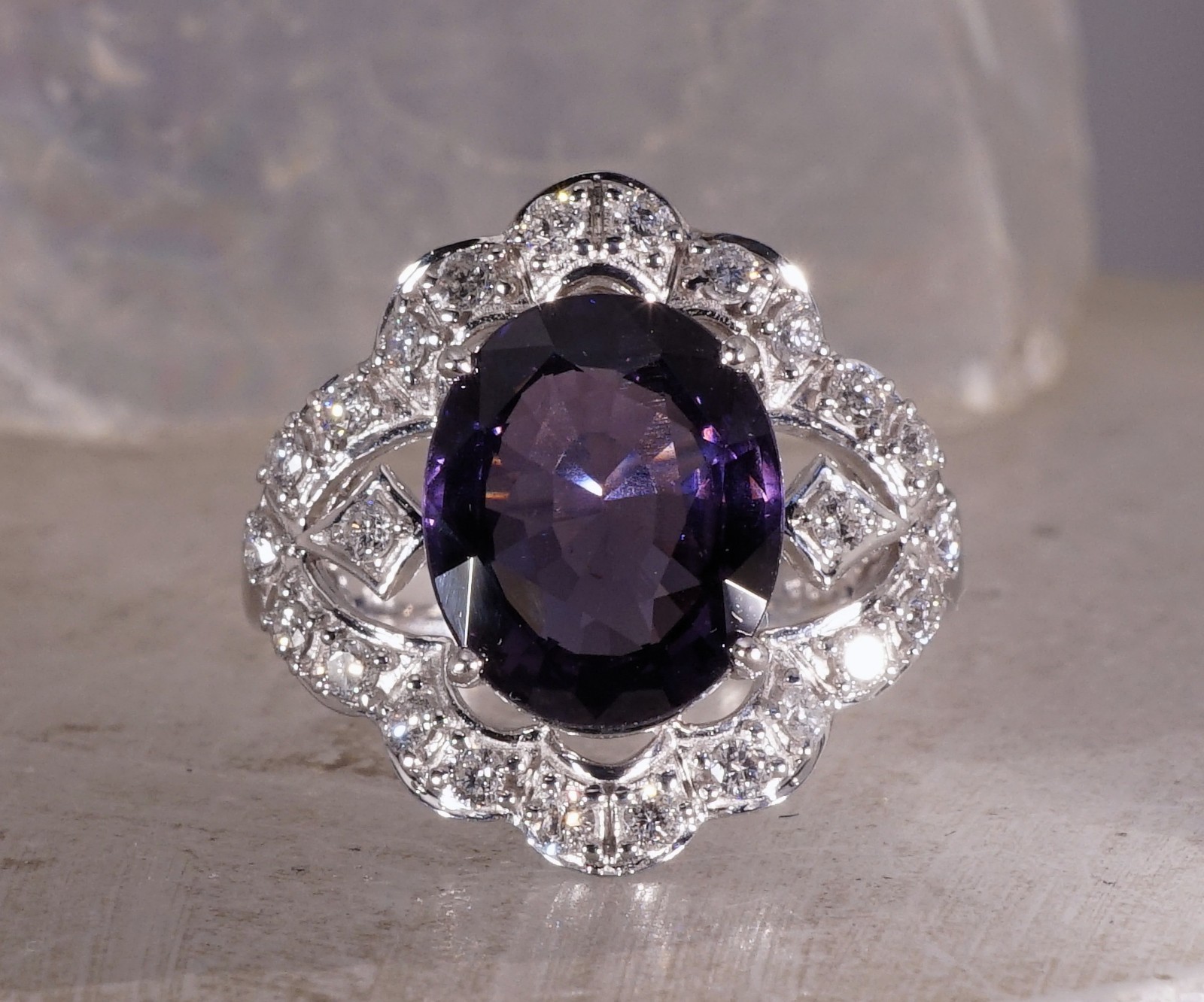 Certified Natural 4ct Purple Spinel Ring 14k White Gold with Diamonds, Untreated