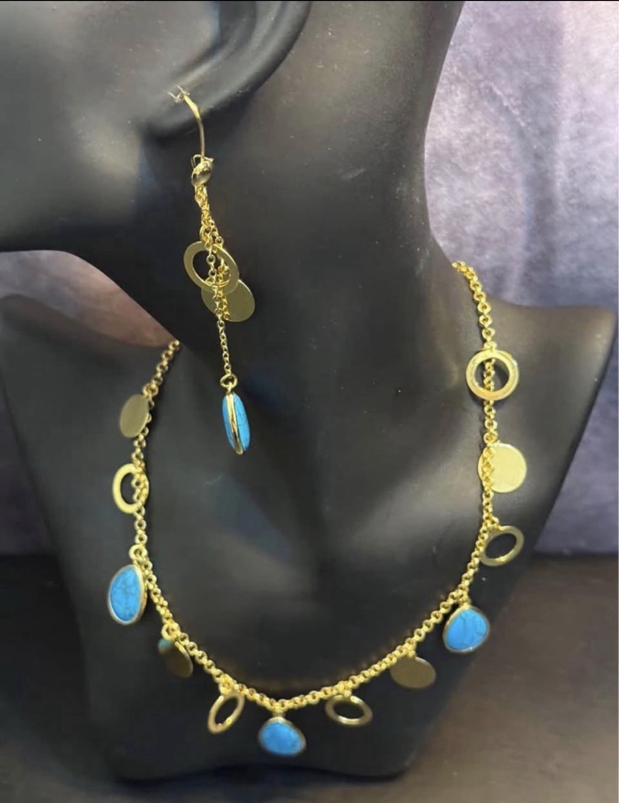 None tarnish Blue Turquoise Teardrop Necklace Bracelet & Dangle Earrings Set