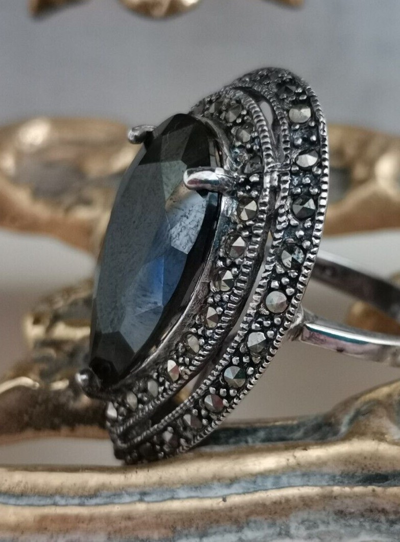 Large Pear Shape Hematite Stone Surround By Marcasite Set in 925 Silver Size N