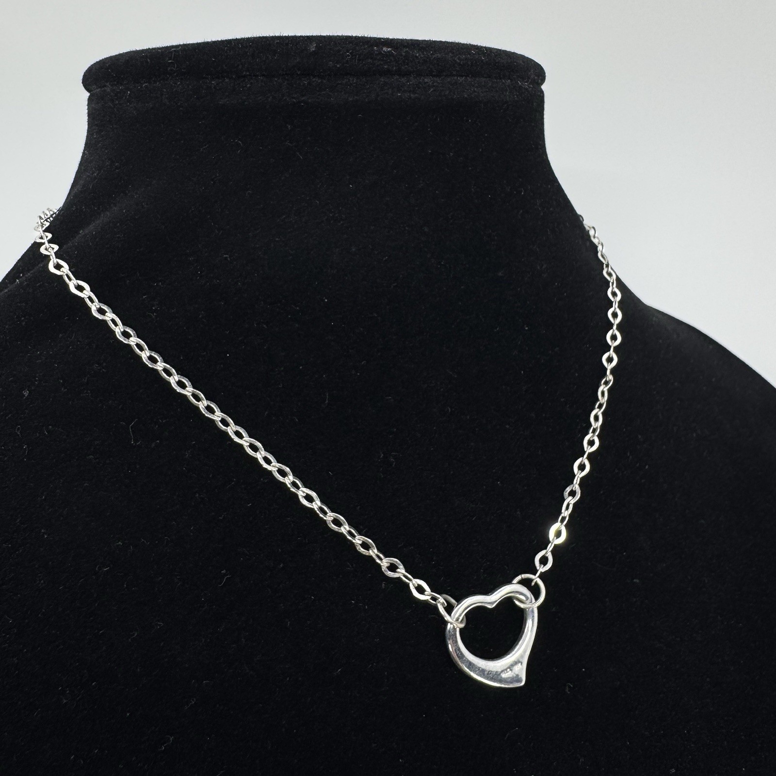 Sterling Silver Floating Open Heart Fixed Pendant Necklace Signed FAS 15.5”