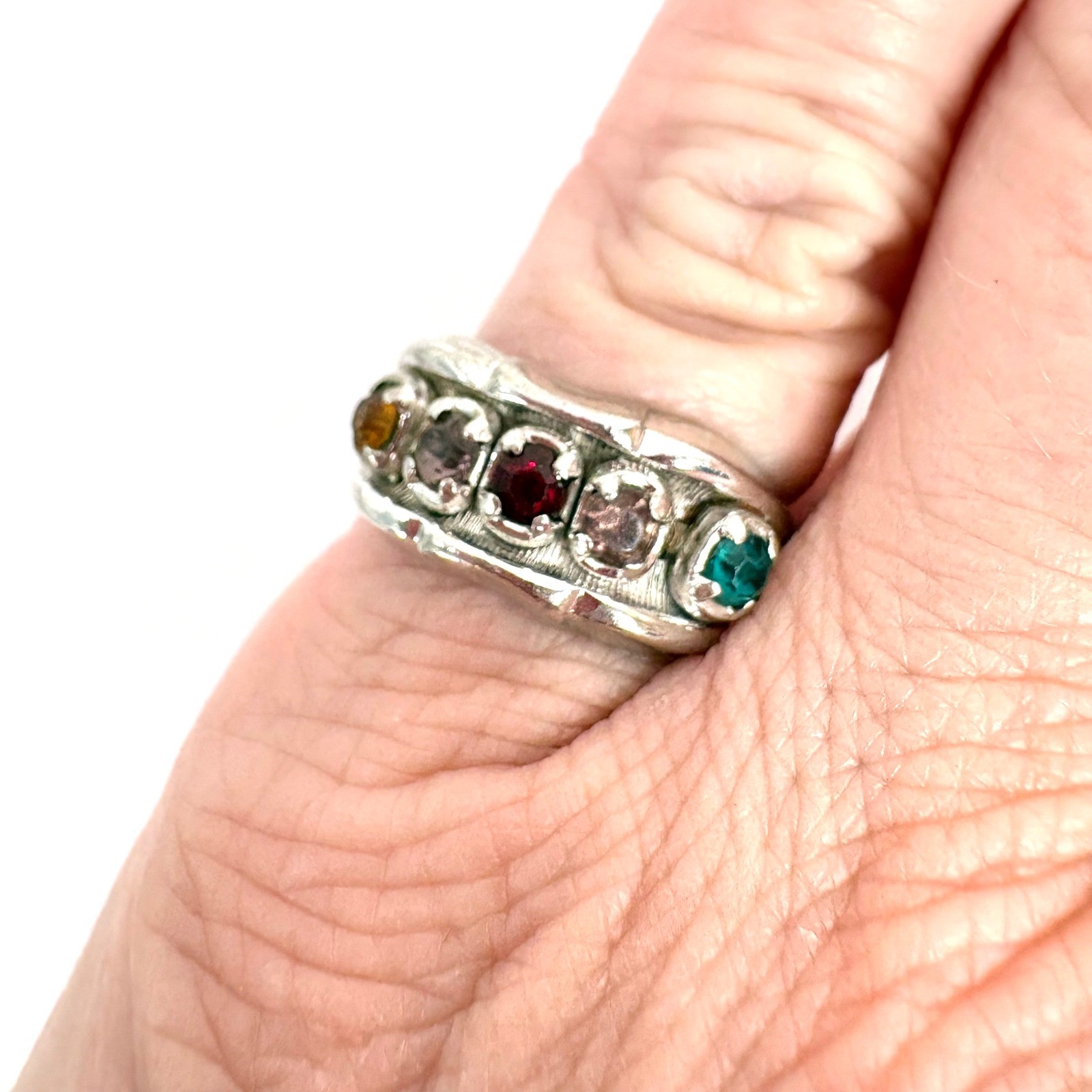 Sterling Silver Ring Multi Color Gemstone Mothers Band Size 6.25