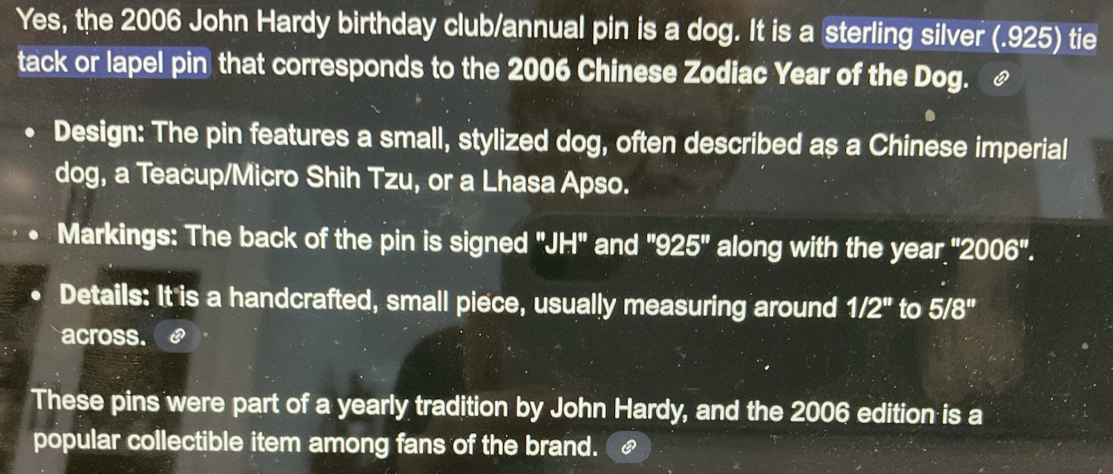 1-JOHN HARDY SIGNED 2006 STERLING SILVER 925 CHINESE ZODIAC YEAR OF THE DOG PIN