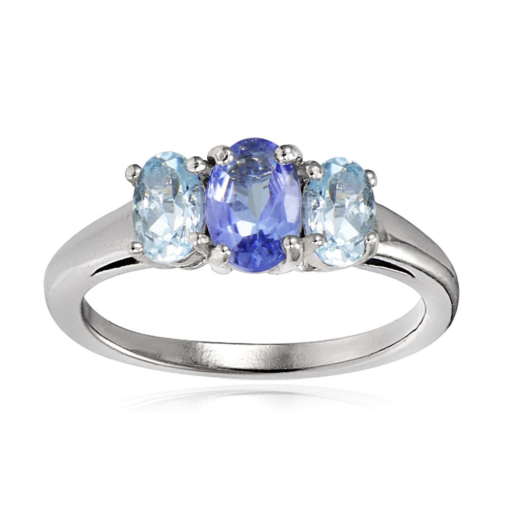 Sterling Silver Tanzanite & Very Light Aquamarine 3-Stone Ring