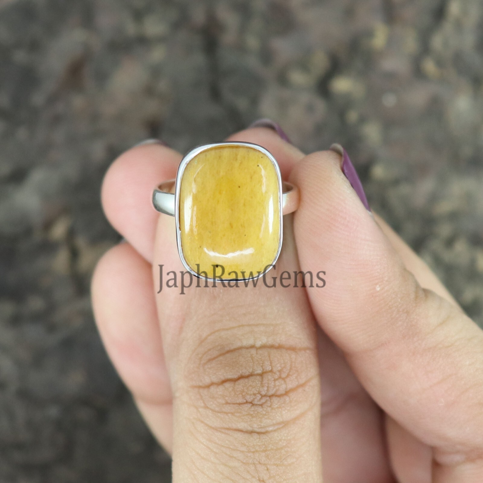Natural Yellow Jade 925 Sterling Silver Jade Gemstone Bohemian Women Gift Ring