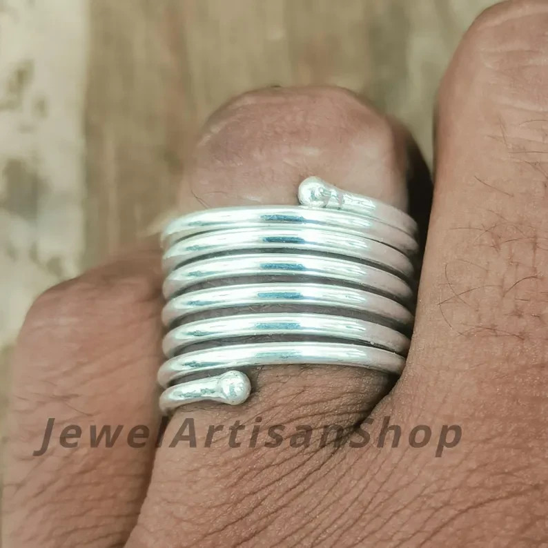 925 Sterling Silver Coil Ring-Adjustable Spiral Band-Silver Wire Wrap Ring-Handm