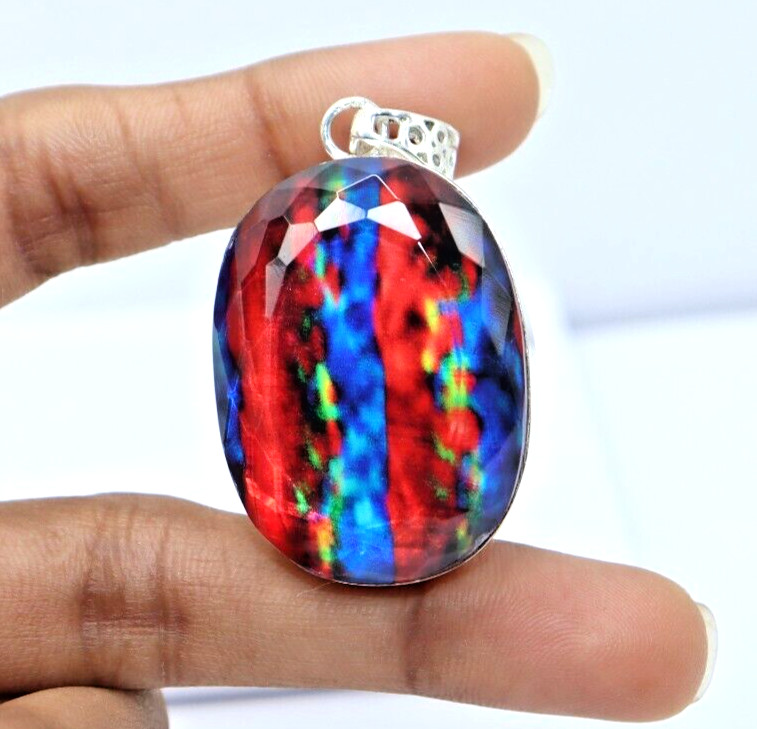 95 Ct Natural Ammolite Doublet Multicolor 925 Solid Silver Pendant Gemstone