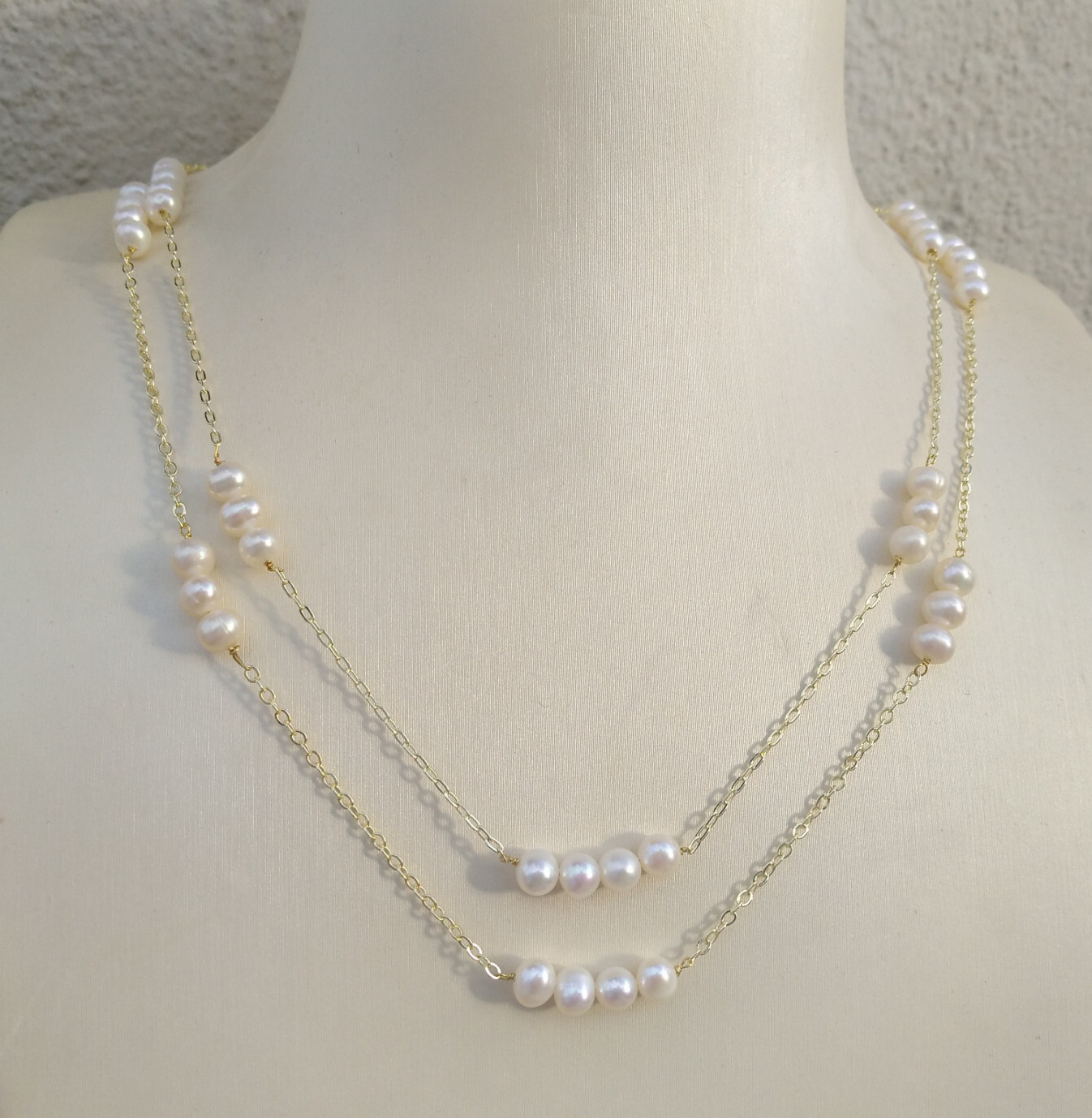 Classic Two Strands AAA South Sea White 5-6mm Pearl Necklace 17-18″ 14k Gold P
