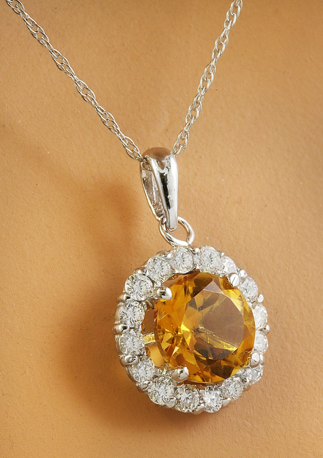10k White Gold Natural Citrine and Lab Grown Diamond Pendant Christmas Gift