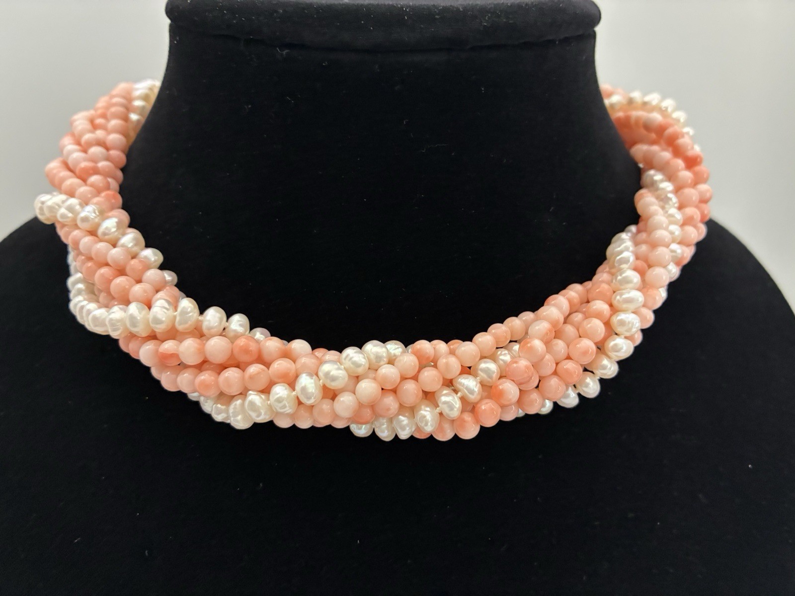 Pink Coral & Pearl Twisted Choker with 3 Pink Coral 1-Pearl Endless Necklaces