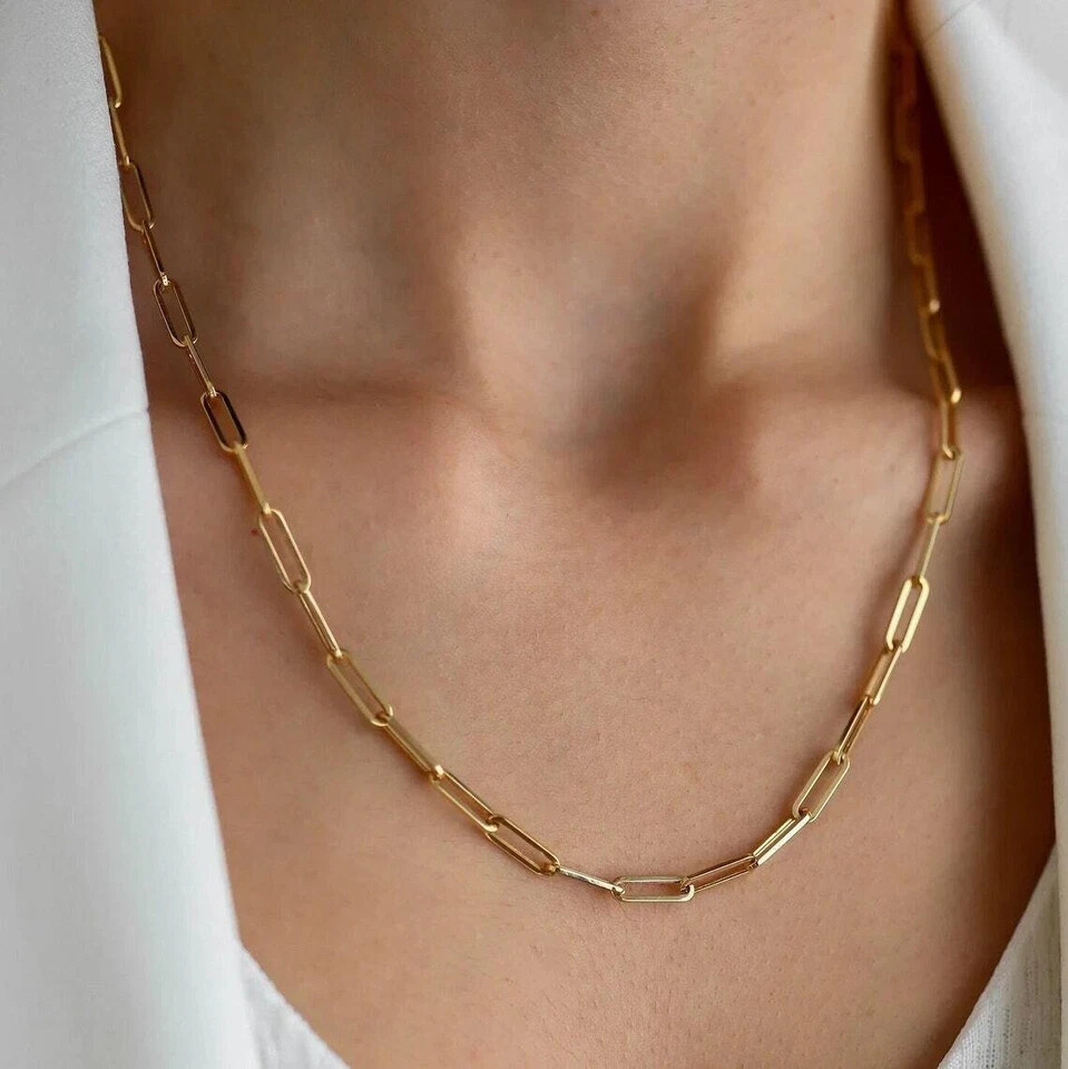 14K Yellow Gold 2.2mm Paperclip Link Chain Necklace, 16” 18” 20”22”