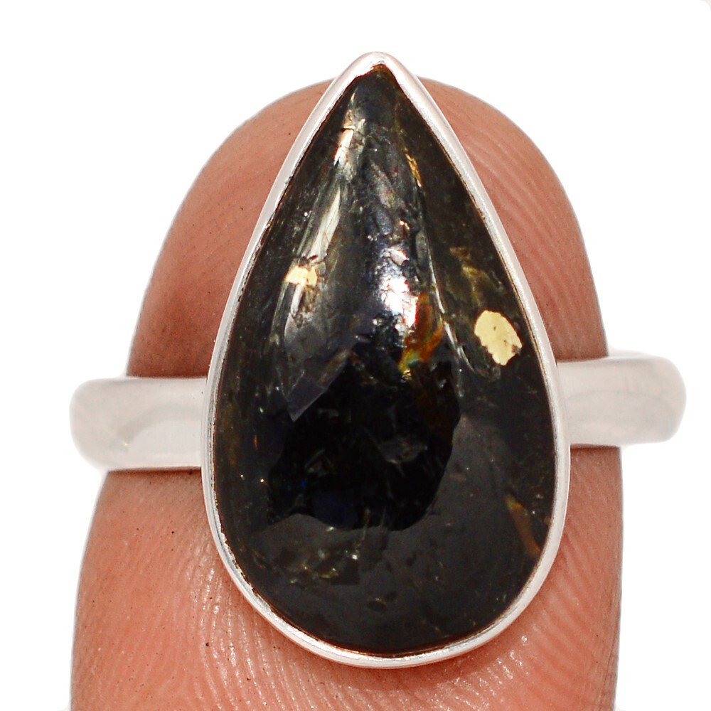 Natural Rare Nuummite With Magnetic Pyrrhotite 925 Silver Ring s.9 CR68677