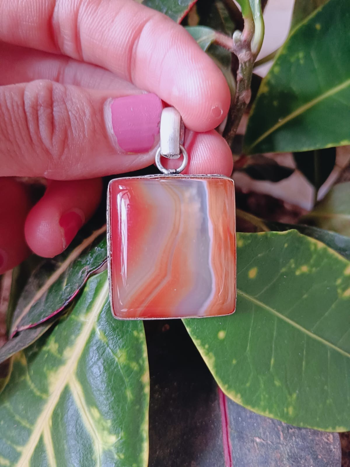 Natural Jasper Pendant,925 Sterling Silver,Square Shape,Bohemian,Hippie Pendant