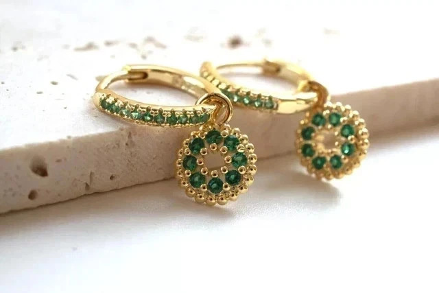 14K Yellow Gold Plated 2Ct Round Lab Created Emerald Drop Dangle Earrings