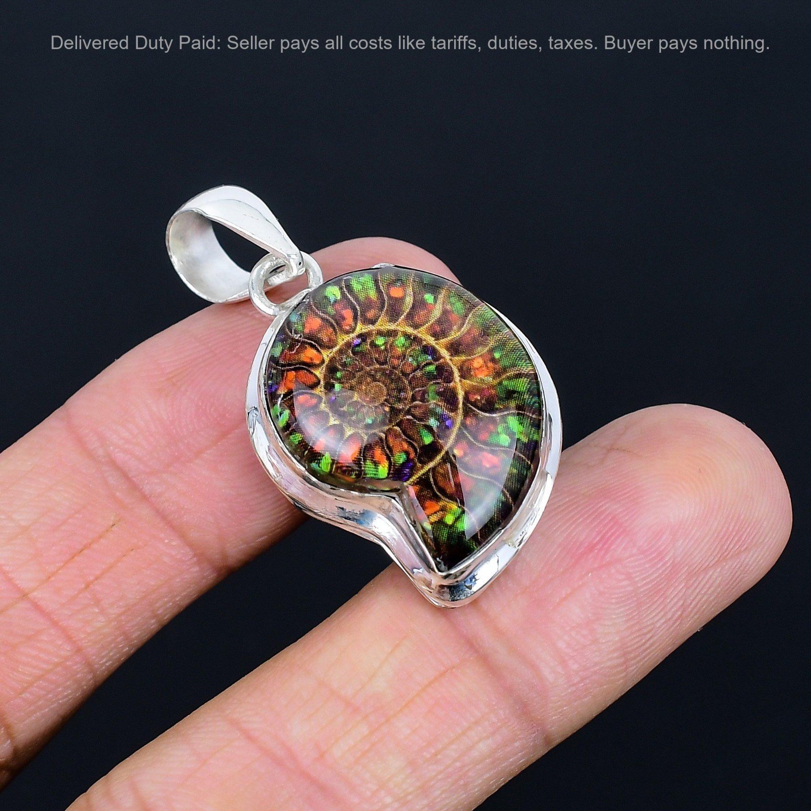 Sterling Silver Pear Natural Ammonite Doublet Opal Mother Birthday Boho Pendant