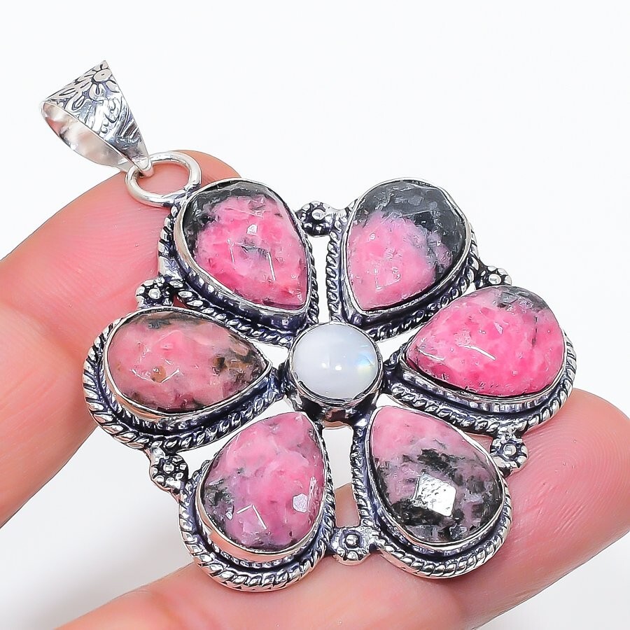 Pink Rhodonit Gemstone Handmade 925 Sterling Silver Jewelry Pendant Size 2.6″