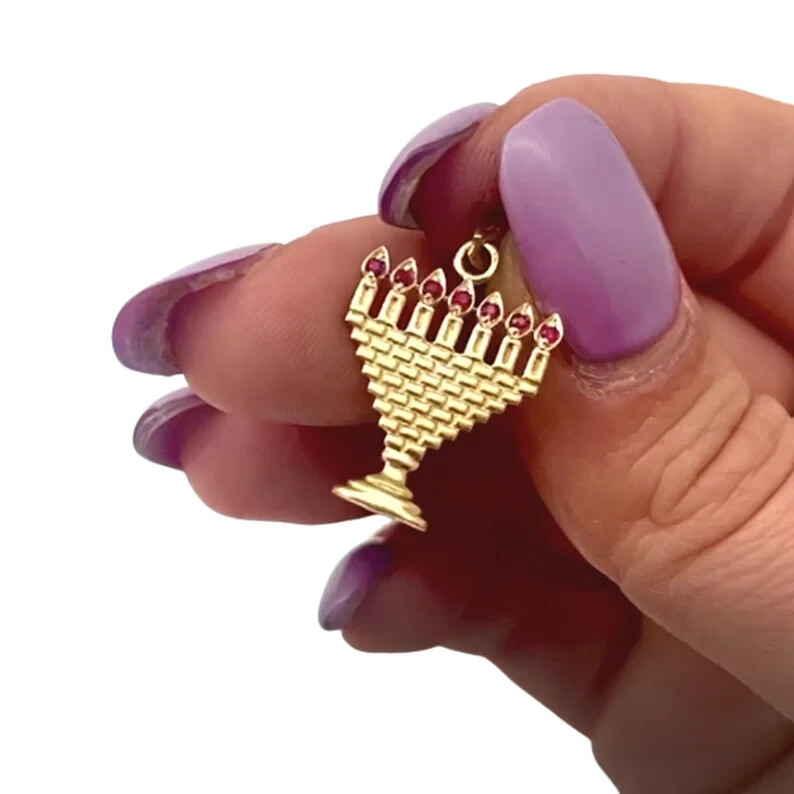 Ruby Jerusalem Menorah Pendant 14k Solid Yellow Gold Wall Kotel Jewish Jewelry