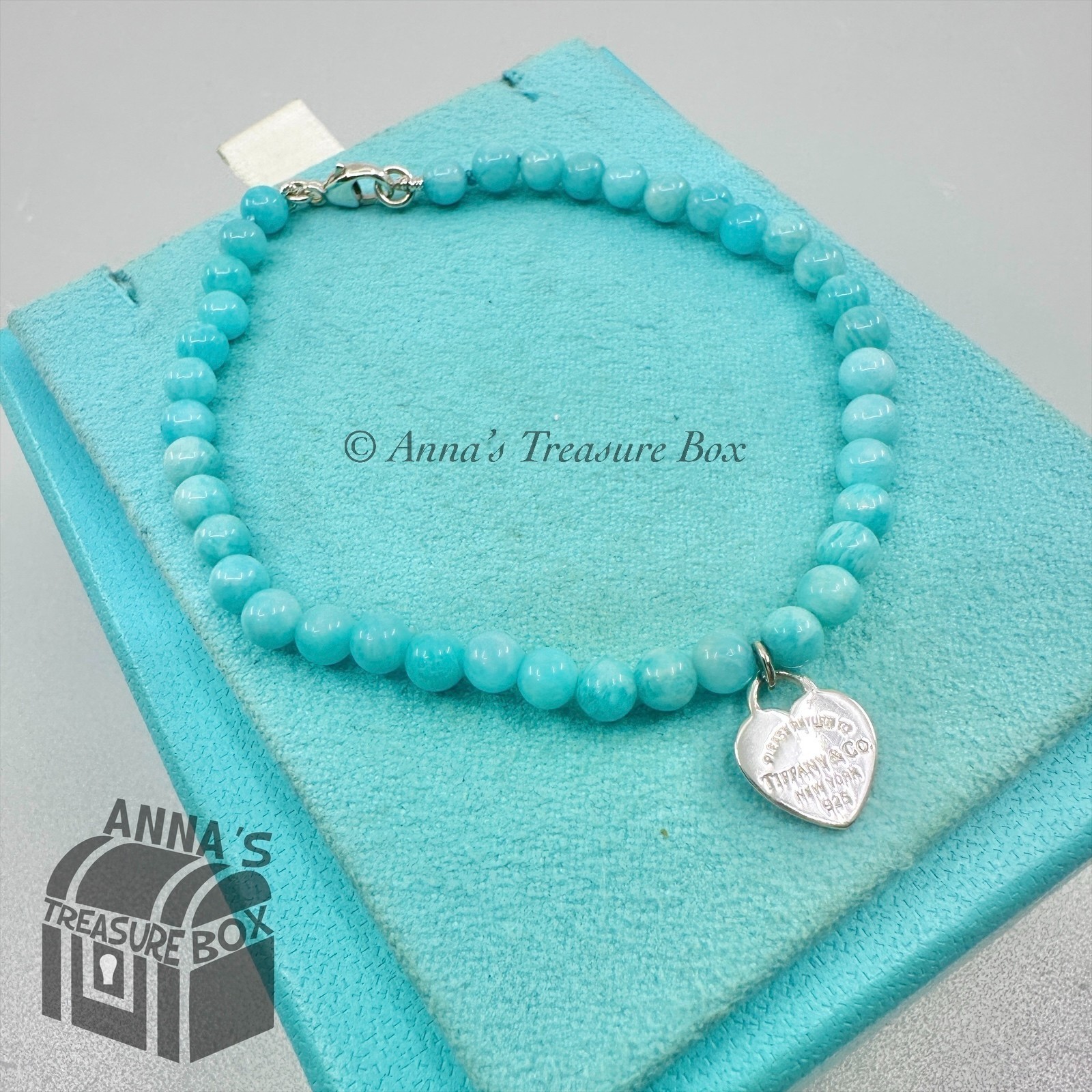 Tiffany & Co. 925 Silver Mini RTT Heart 4mm Amazonite 7.5″ Bracelet (pouch)
