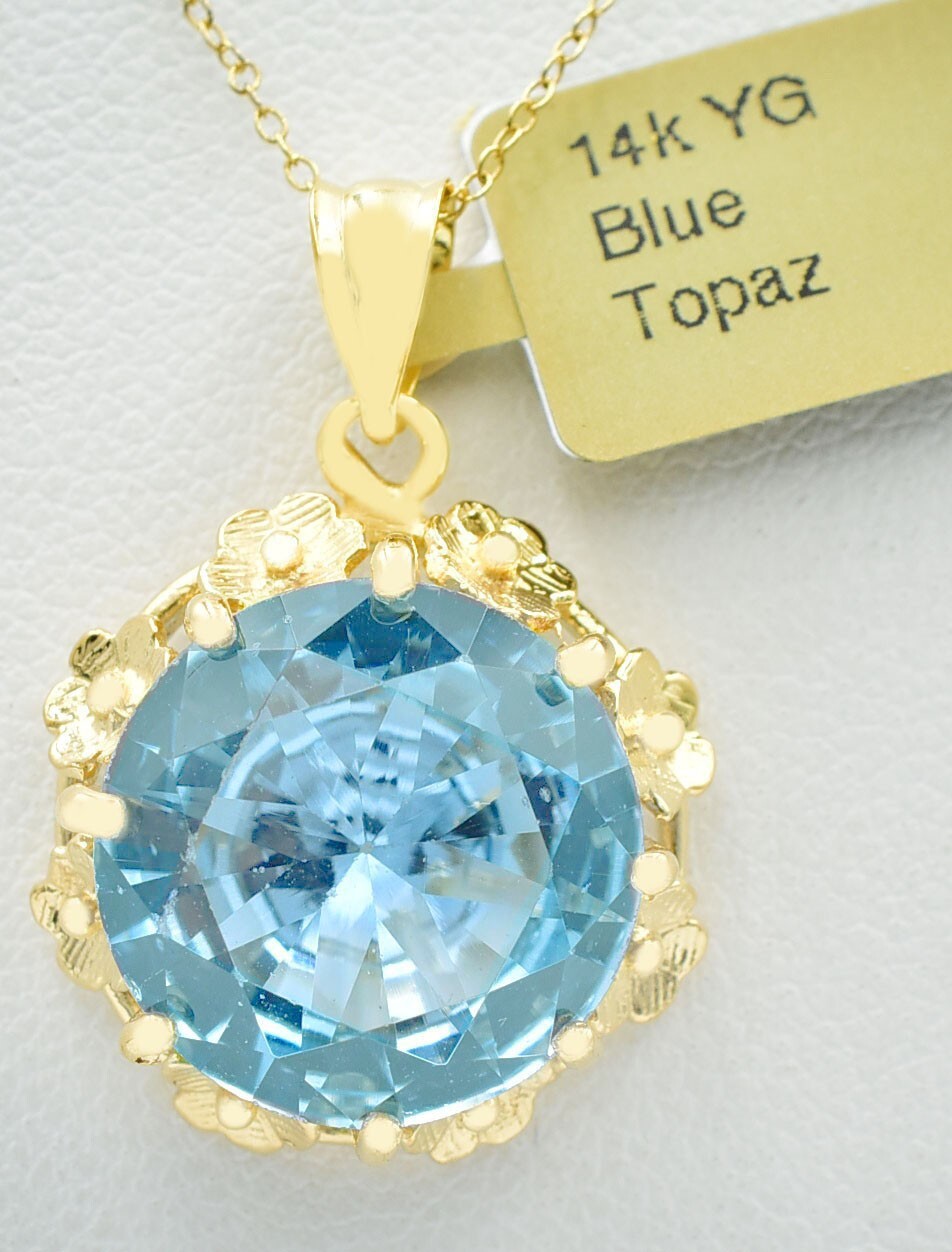 GENUINE 10.15 Cts BLUE TOPAZ PENDANT 14K GOLD – MADE IN USA – Free Appraisal