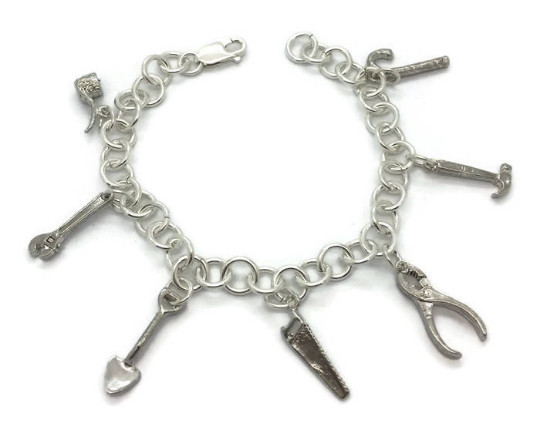 Charm Bracelet With 7 Tools Charms Handmade .925 Sterling Silver!!