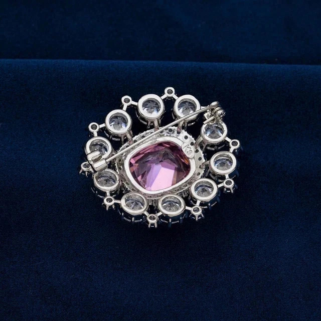 3Ct Cushion Cut Lab-Created Pink Sapphire Women’s Brooch 14K White Gold Plated