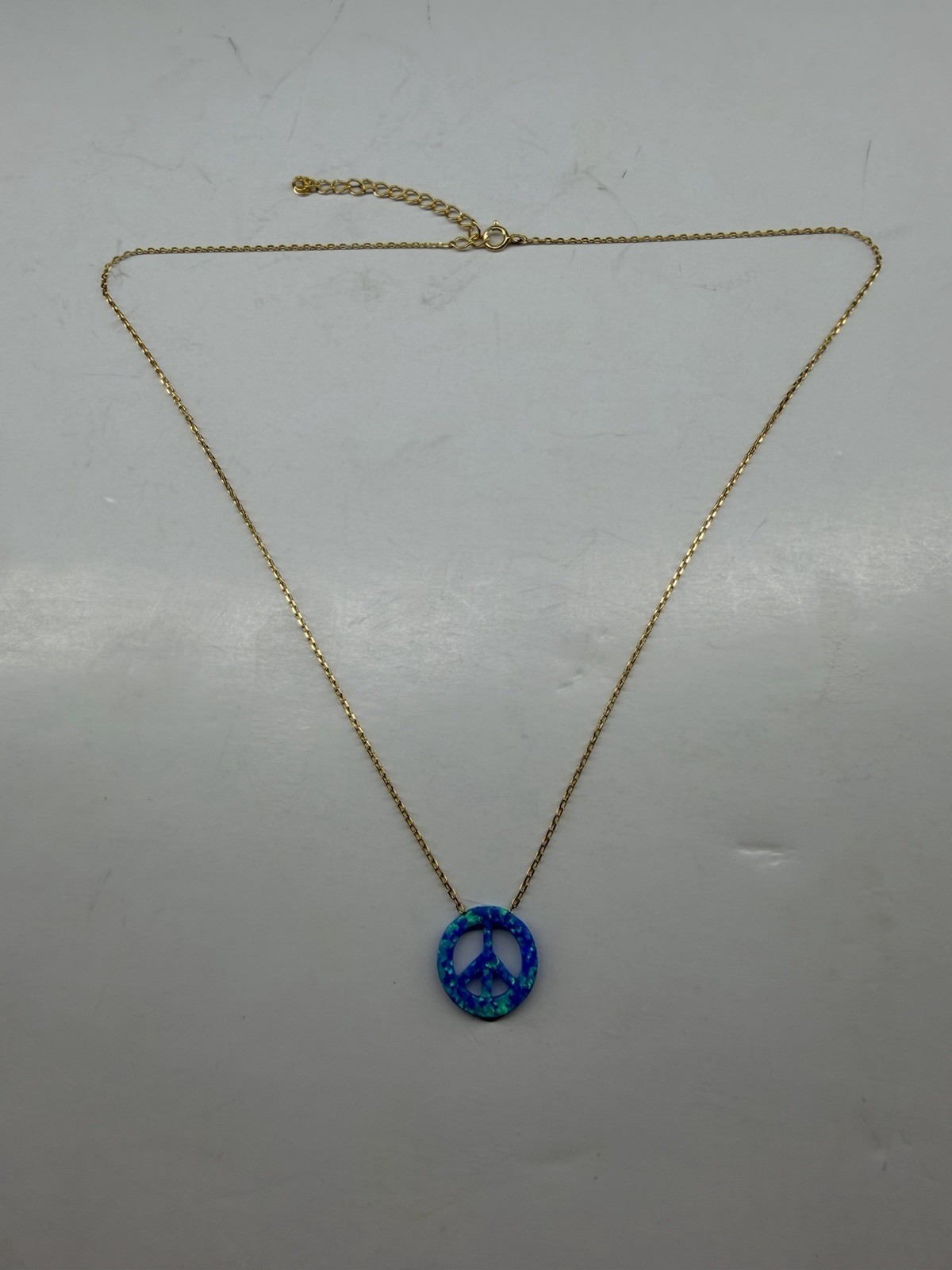 925 Sterling Silver Blue Lab Opal Peace Sign Pendant Necklace Gold Tone Chain