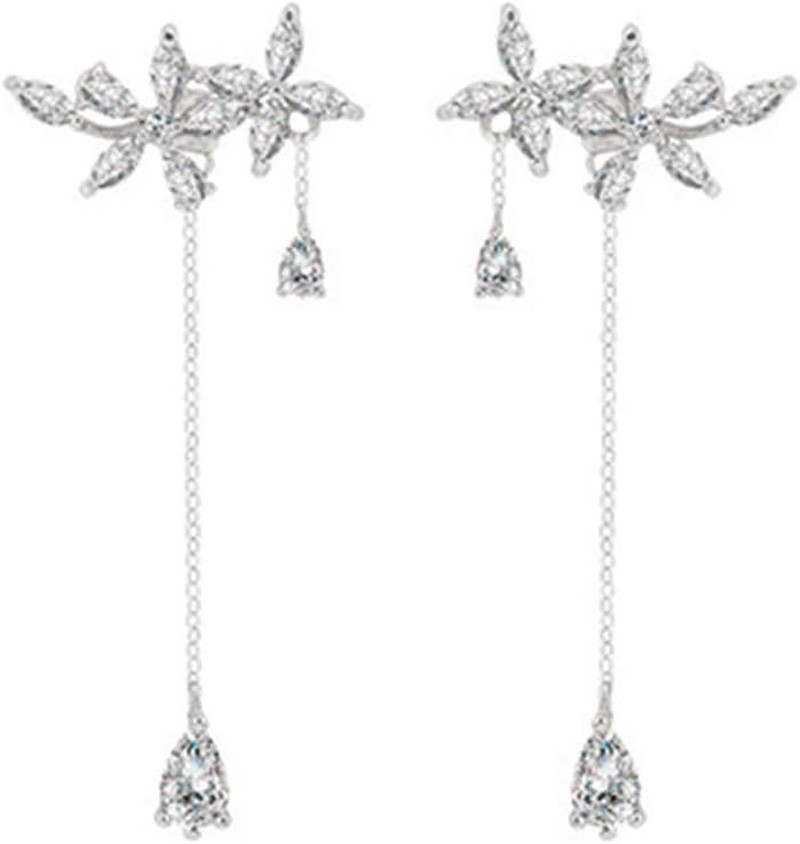 925 Sterling Silver Dainty CZ Flowers Wrap Earrings Dangle Chain for Women Elega