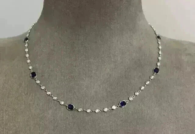 20TCW Oval Lab Created Sapphire & Diamond Tennis Necklace 14k White Gold Plated