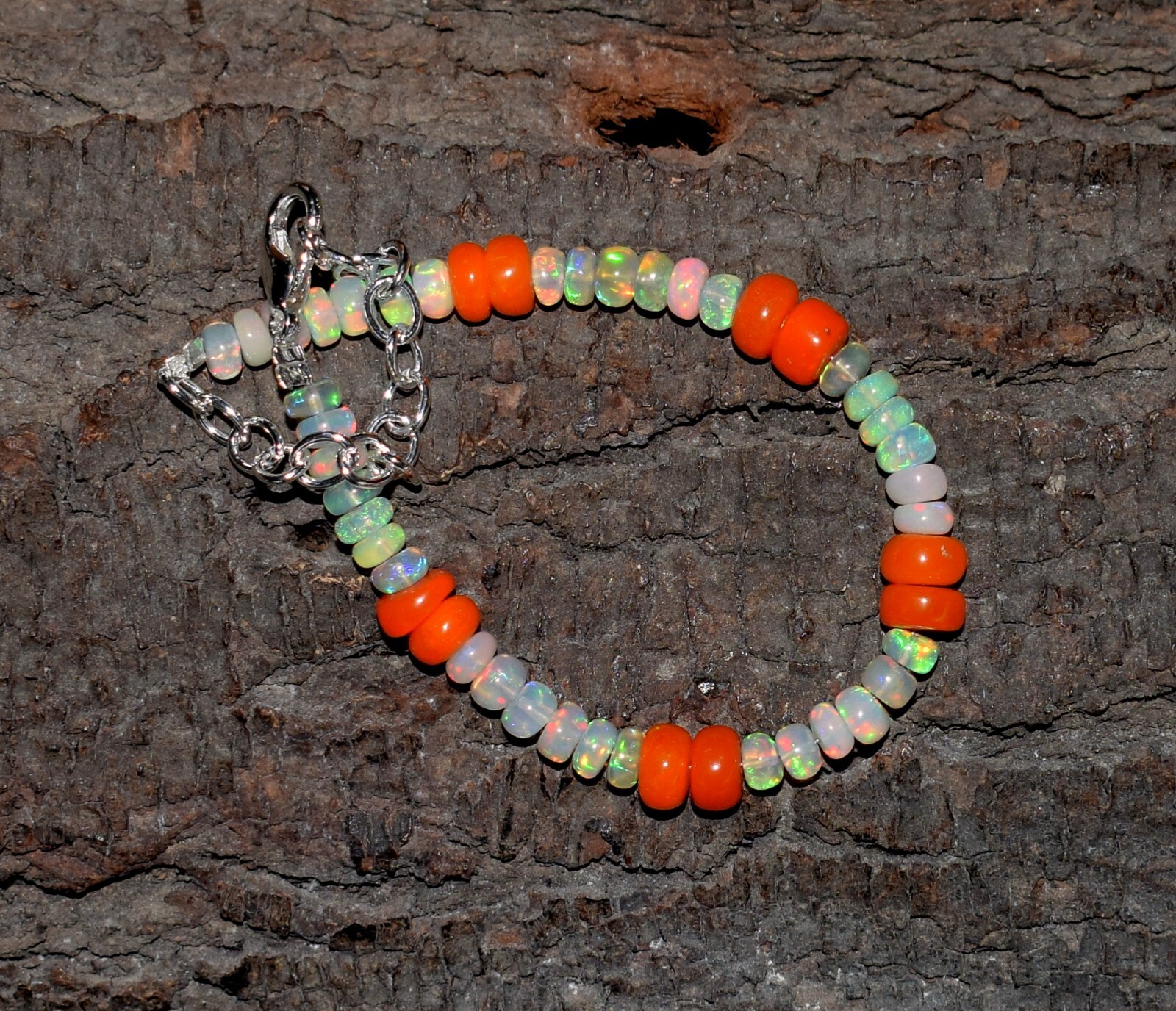 Solid 925 Sterling Silver Natural Ethiopian Opal Gemstone Beads 7″Bracelet N0272