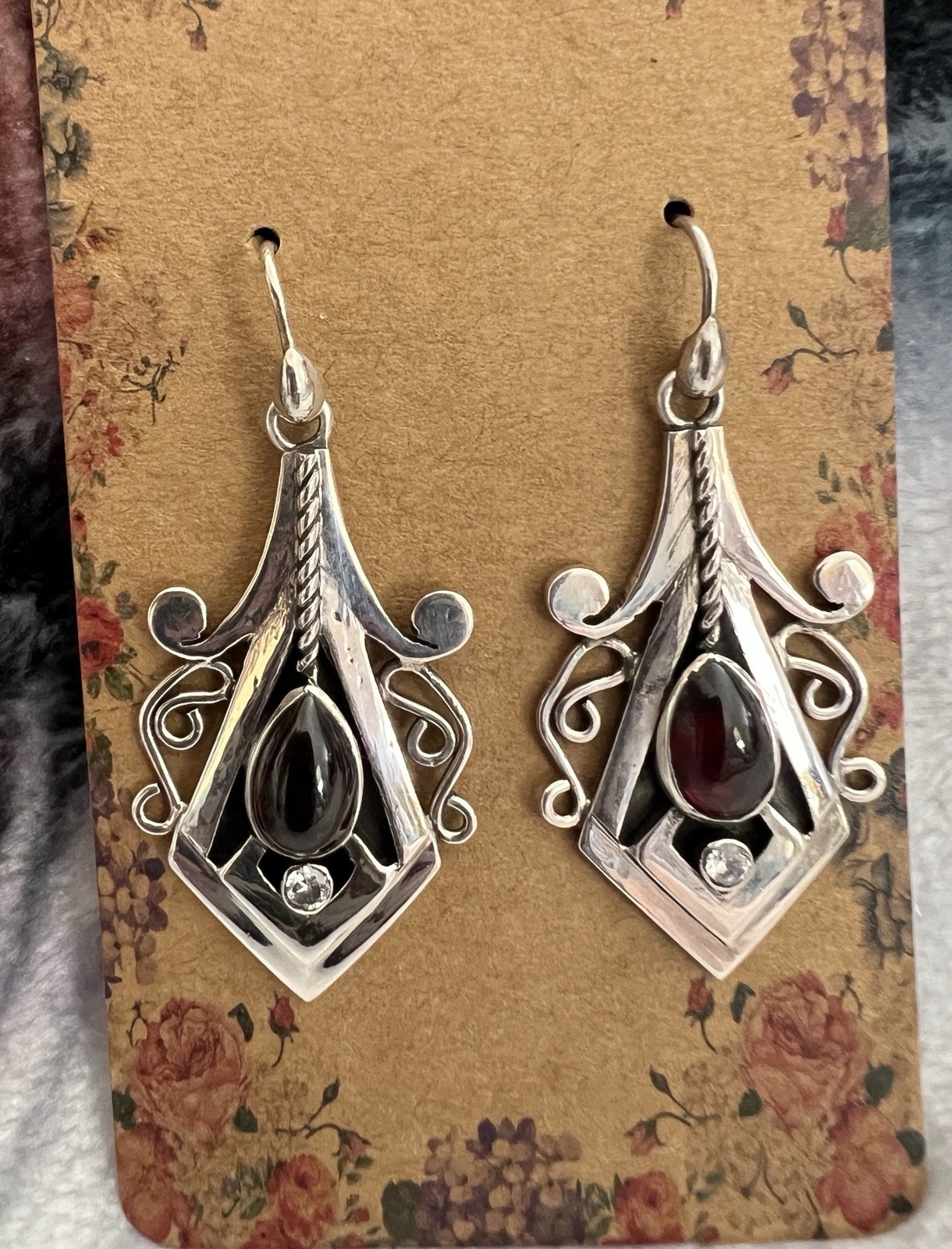 Substantial Garnet Sterling Silver Earrings 10.3gms Art-Deco / Bohemian Theme