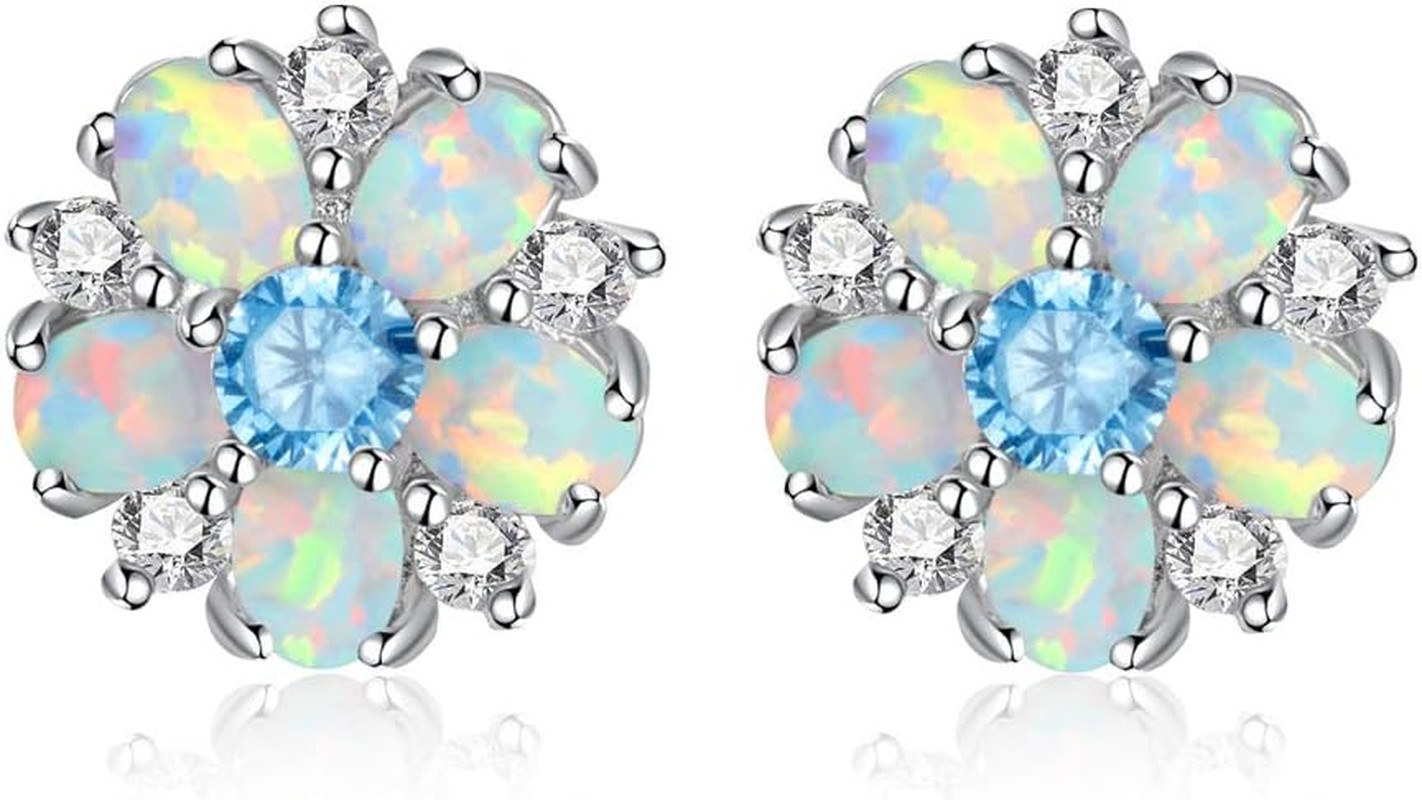 Flower Earrings,Opal Stud Earrings Sterling Silver or White Gold/Rose Gold Plate