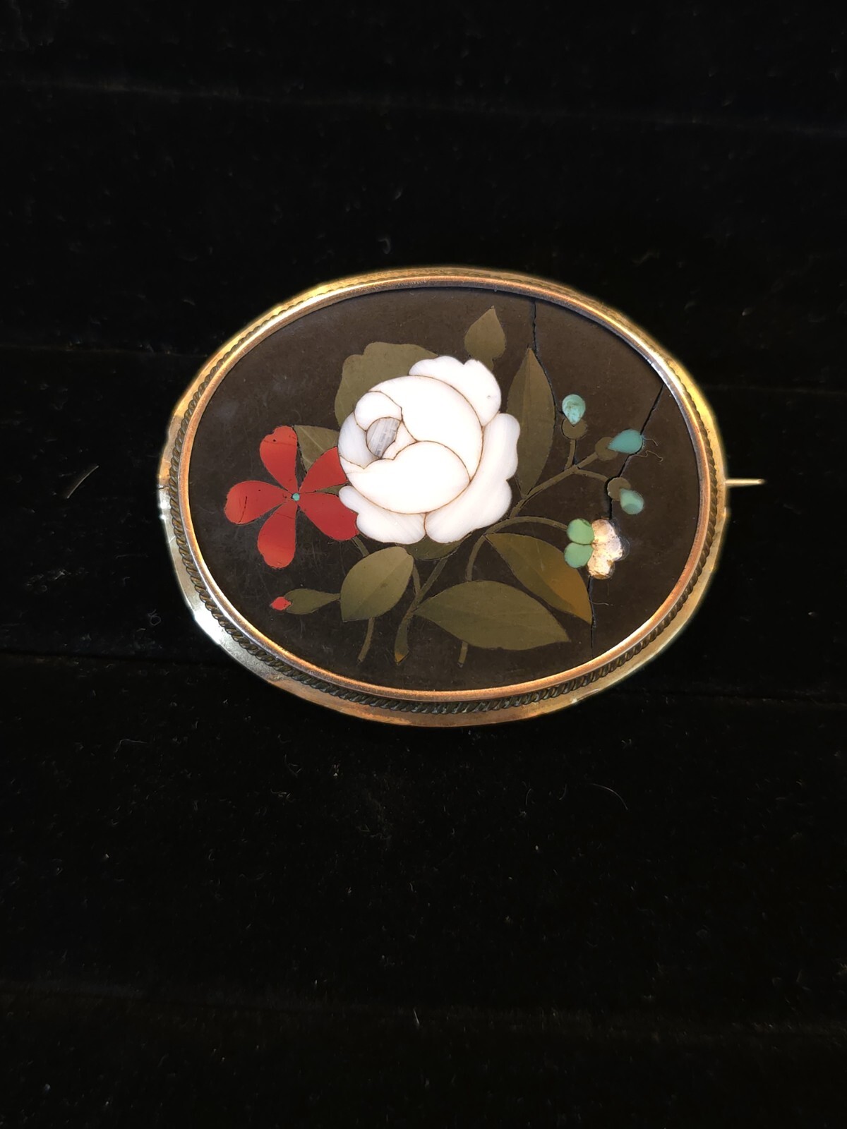 Antique Pietra Dura Floral Brooch 14k Gold Flower Mosaic 1800s Pin Italy READ