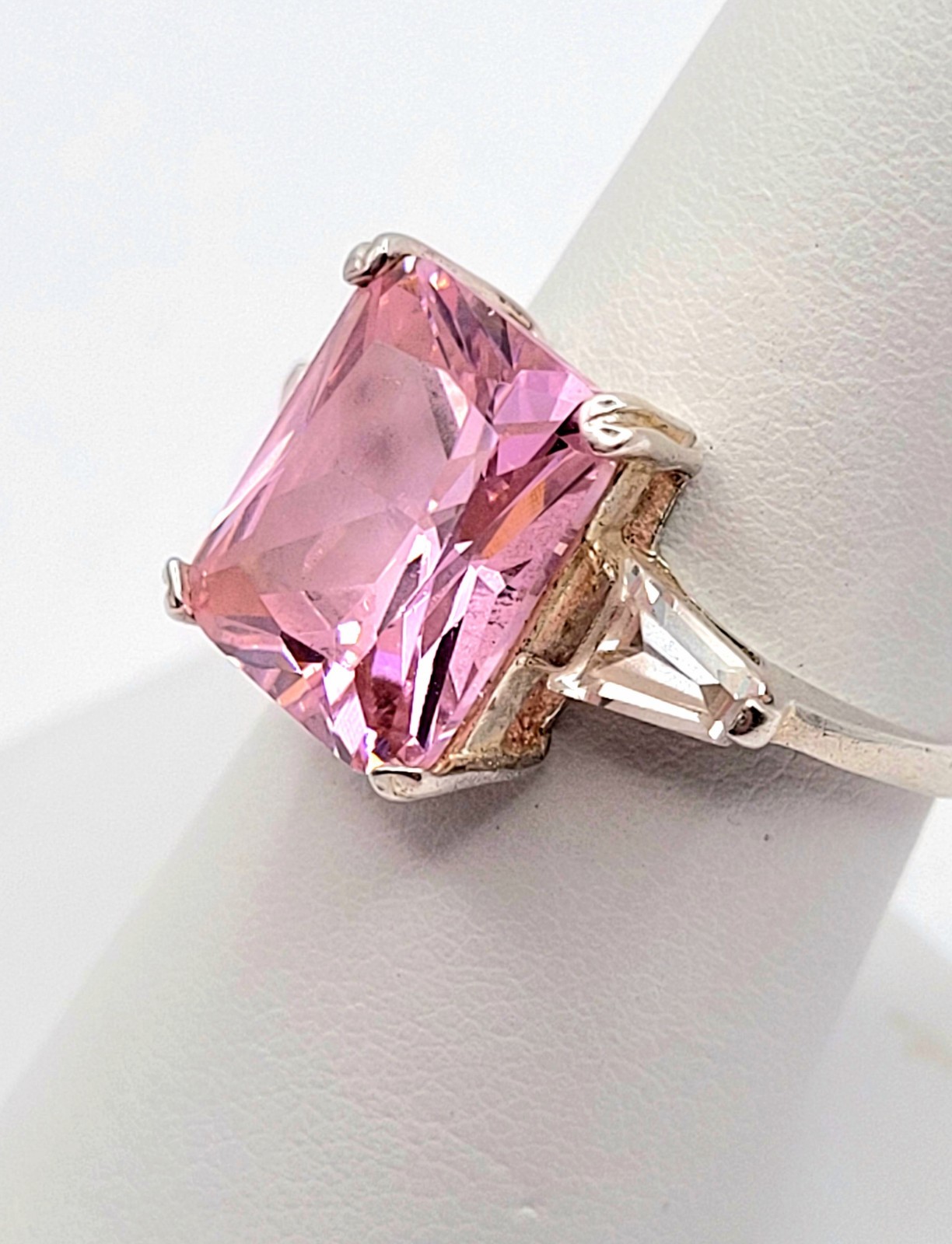 Stunning Sterling Silver Pastel PINK CZ Emerald Rectangular Cut Ring Thailand