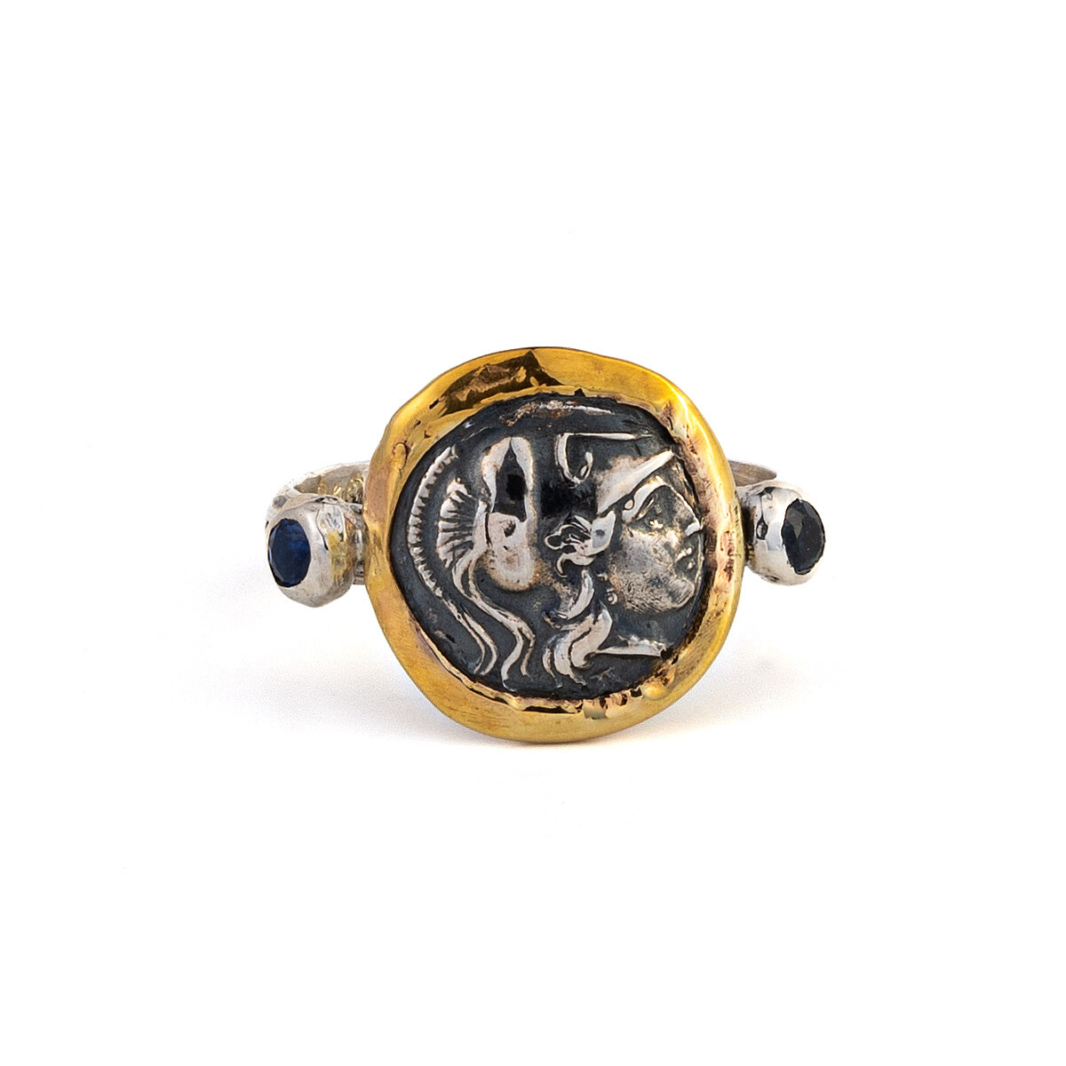 Ancient Greek Goddess Athena Coin 14K Gold Sterling Silver Sapphires Ring