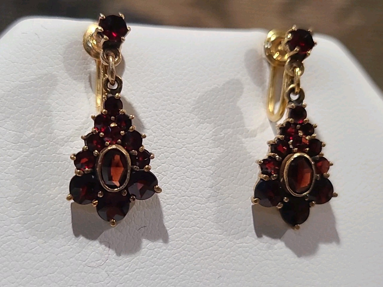 Antique 10K Gold Bohemian Garnet Cluster Drop Earrings Dangle Germany 10ct OLD!