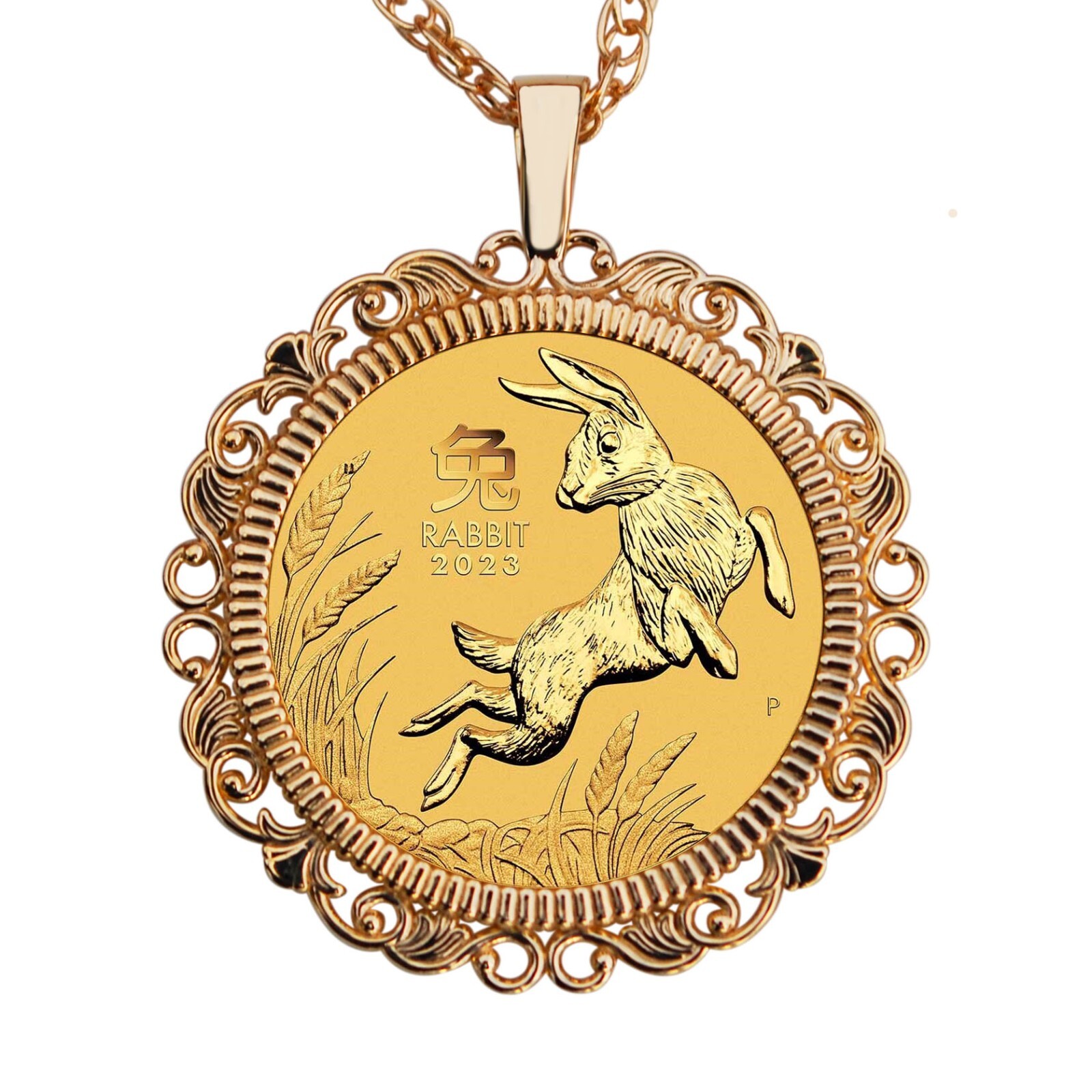 2023 Australia 1/10 oz Gold Lunar Year of Rabbit BU Coin Solid 14K Gold Necklace