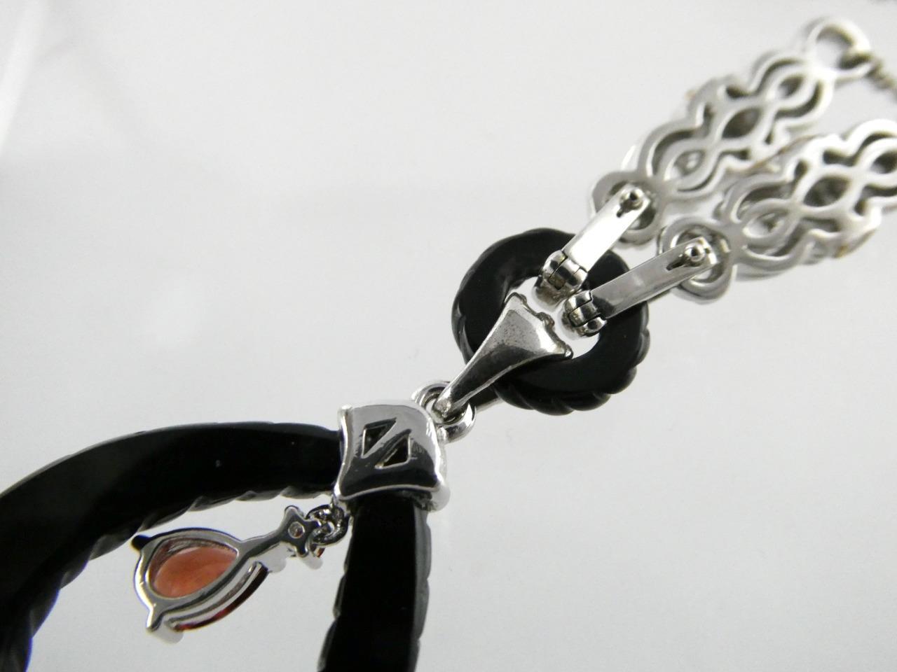 Designer Sterling Silver Black Acrylic and Garnet Partially Gilded Necklace 925