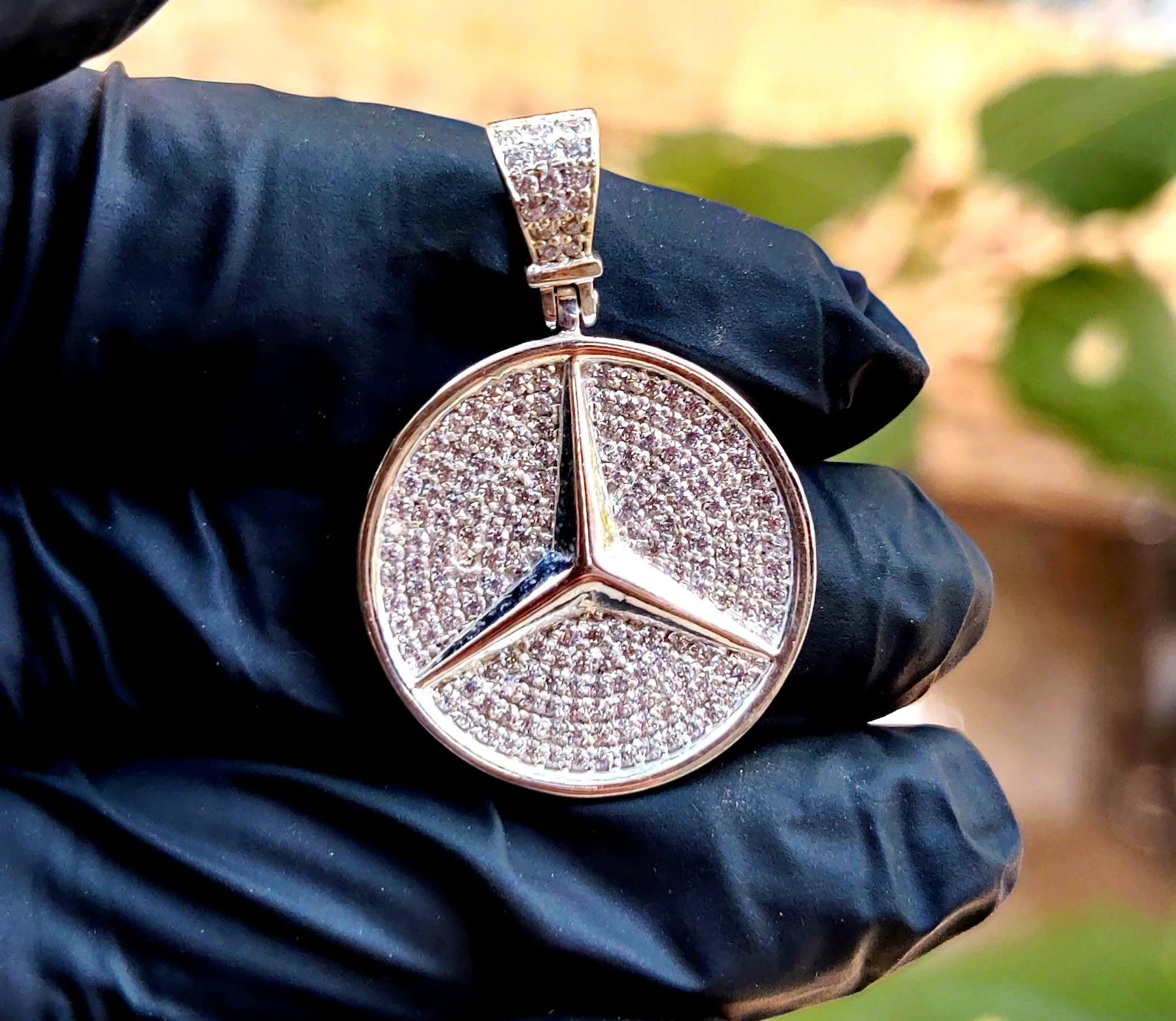 5Ct Round Cut Lab-Created Diamond Hip Hop Mercedes Pendant 14K White Gold Plated