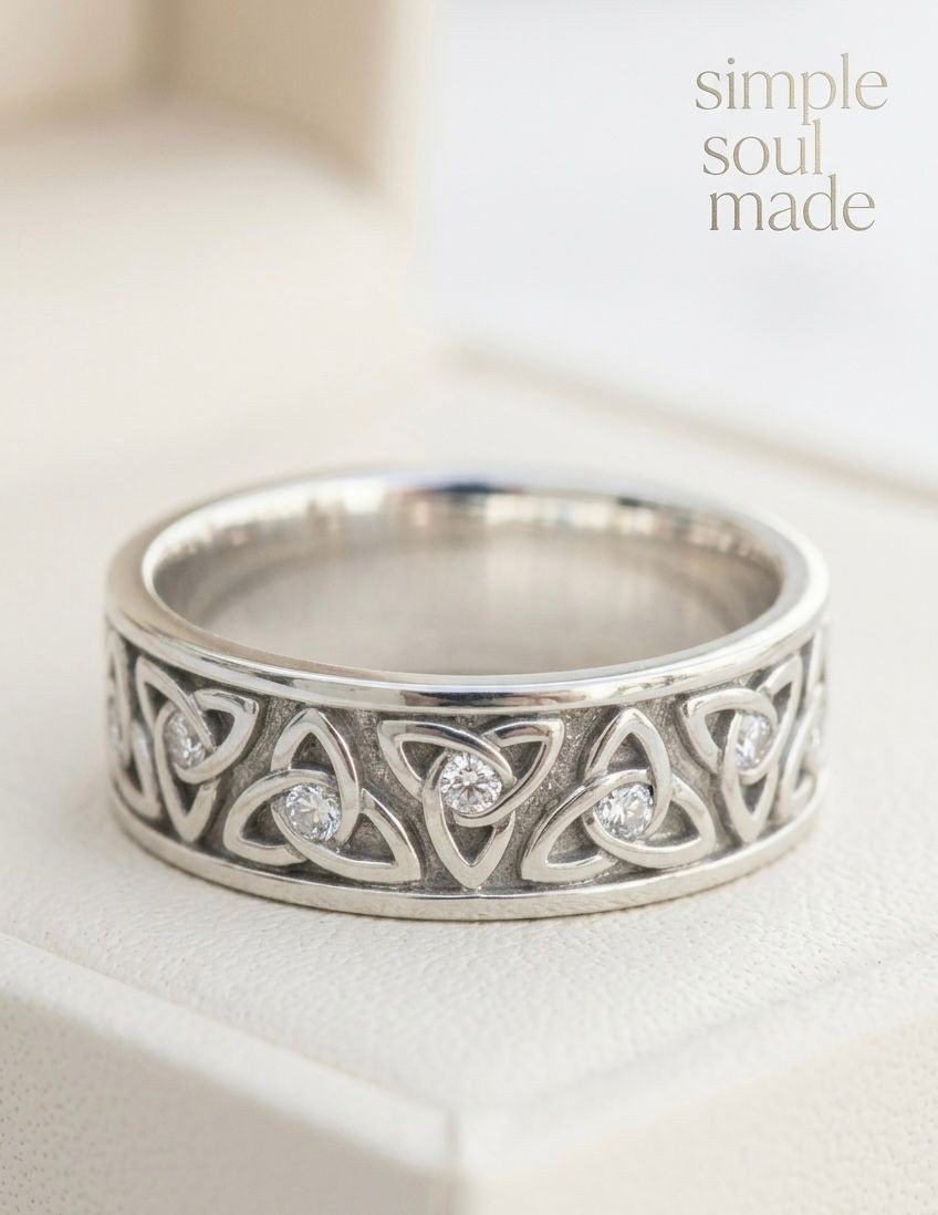Moissanite Celtic Wide Band Ring Oxidized 925 Silver Trinity Knot Ring Gift