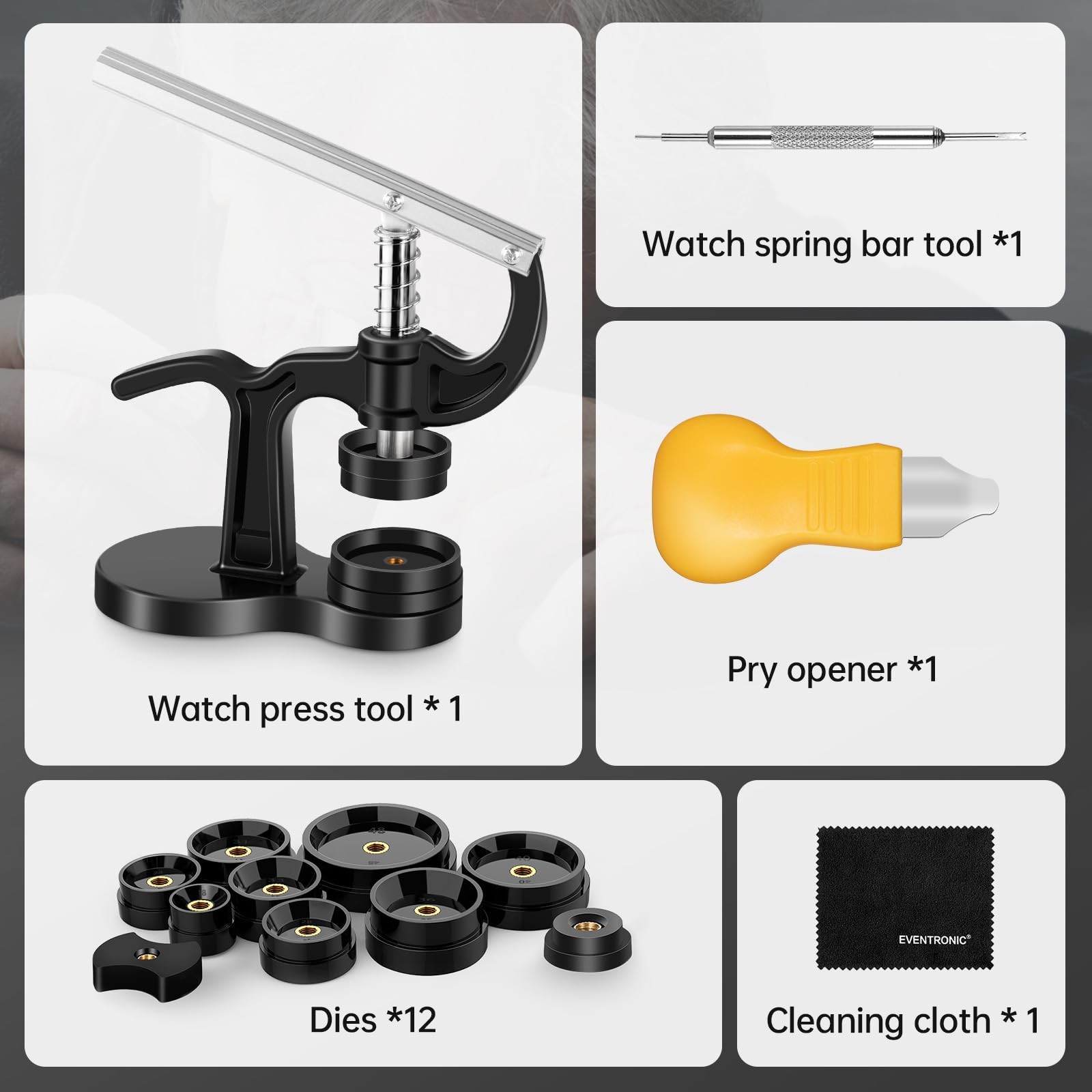 Eventronic 16Pcs Watch Press Tool Set, Back Case Closer for Closing 16PCS