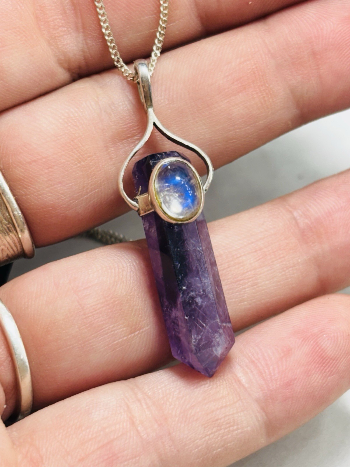 Silver,amethyst crystal and moonstone pendant with 18 inches chain