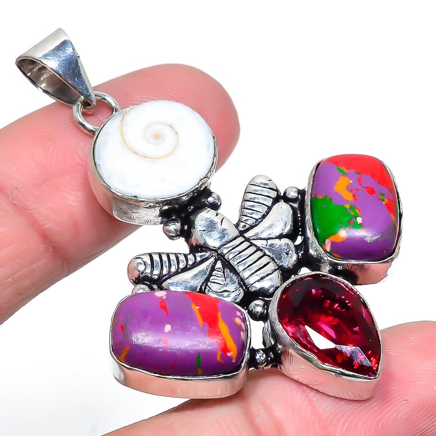 Mosaic Jasper, Garnet 925 Sterling Silver Gemstone Jewelry Pendant 2.21″ NS 9568