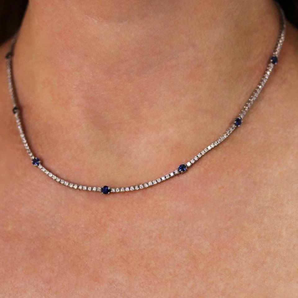 7Ct Lab Created Blue Sapphire Diamond 14k White Gold Plated Tennis Necklace 17″